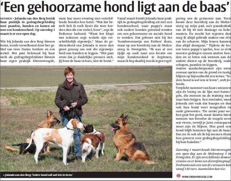 praktijk voor gedragsbegeleiding dieren in de krant